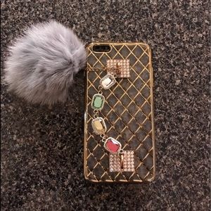 Gold Transparent IPhone 6Plus/ 7Plus IPhone Case with Pom Pom & Crystal Holder ✨
